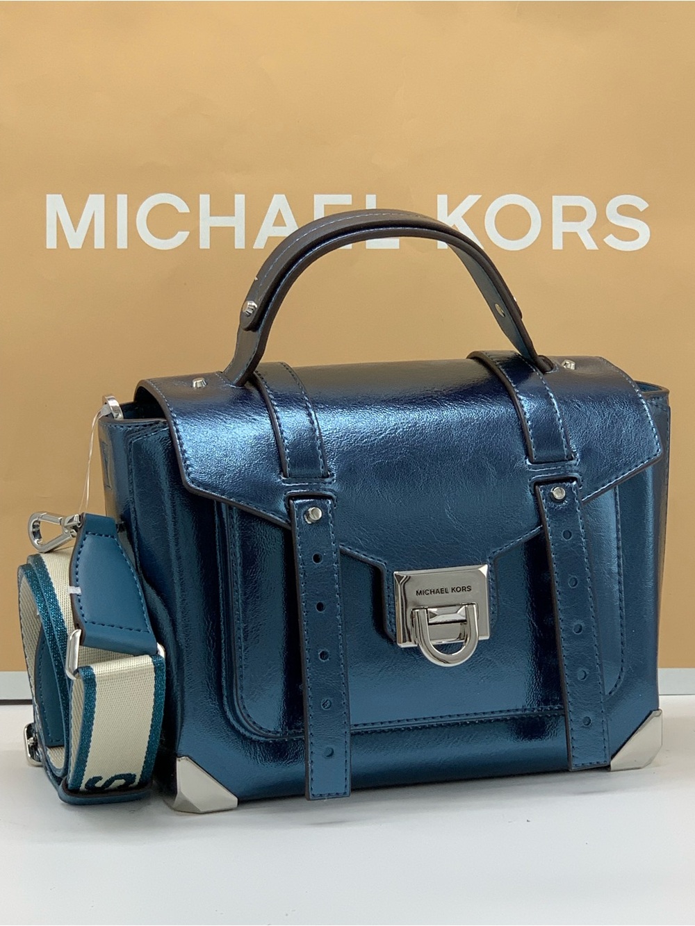 Michael Kors Manhattan Medium Top Handle Satchel Metallic Teal